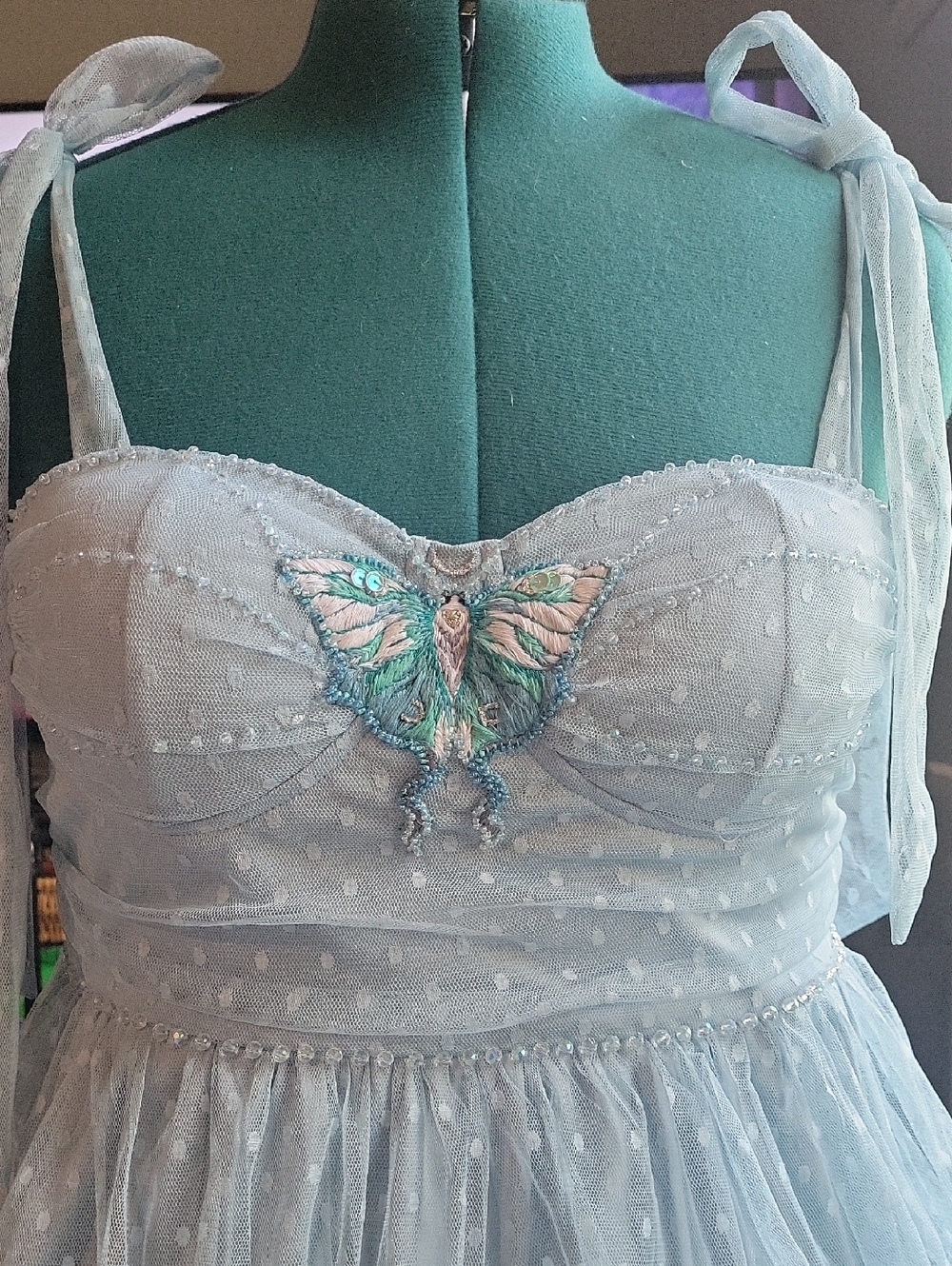 Light Blue Tulle Dress with Embroidered Luna Moth